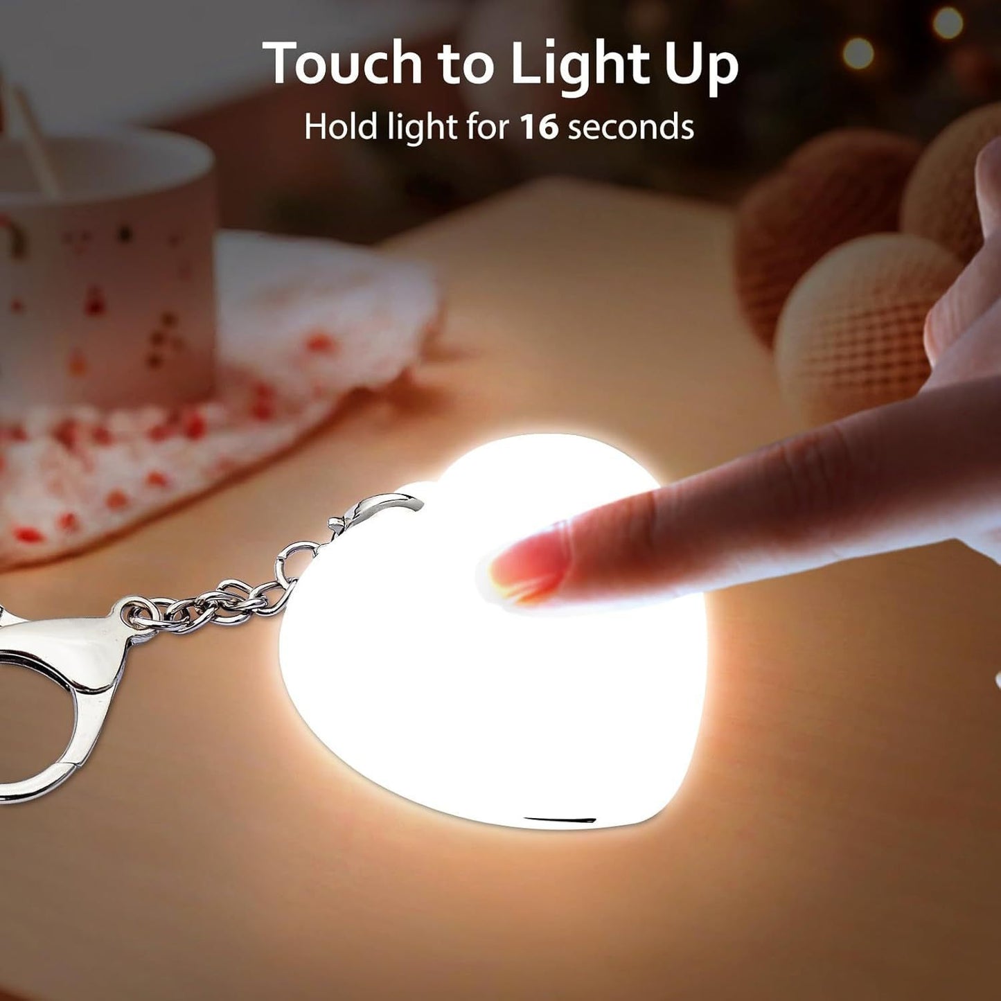 Heart-shaped LED lighted 3-color touch heart keychain. Find what you're looking for in your bag.